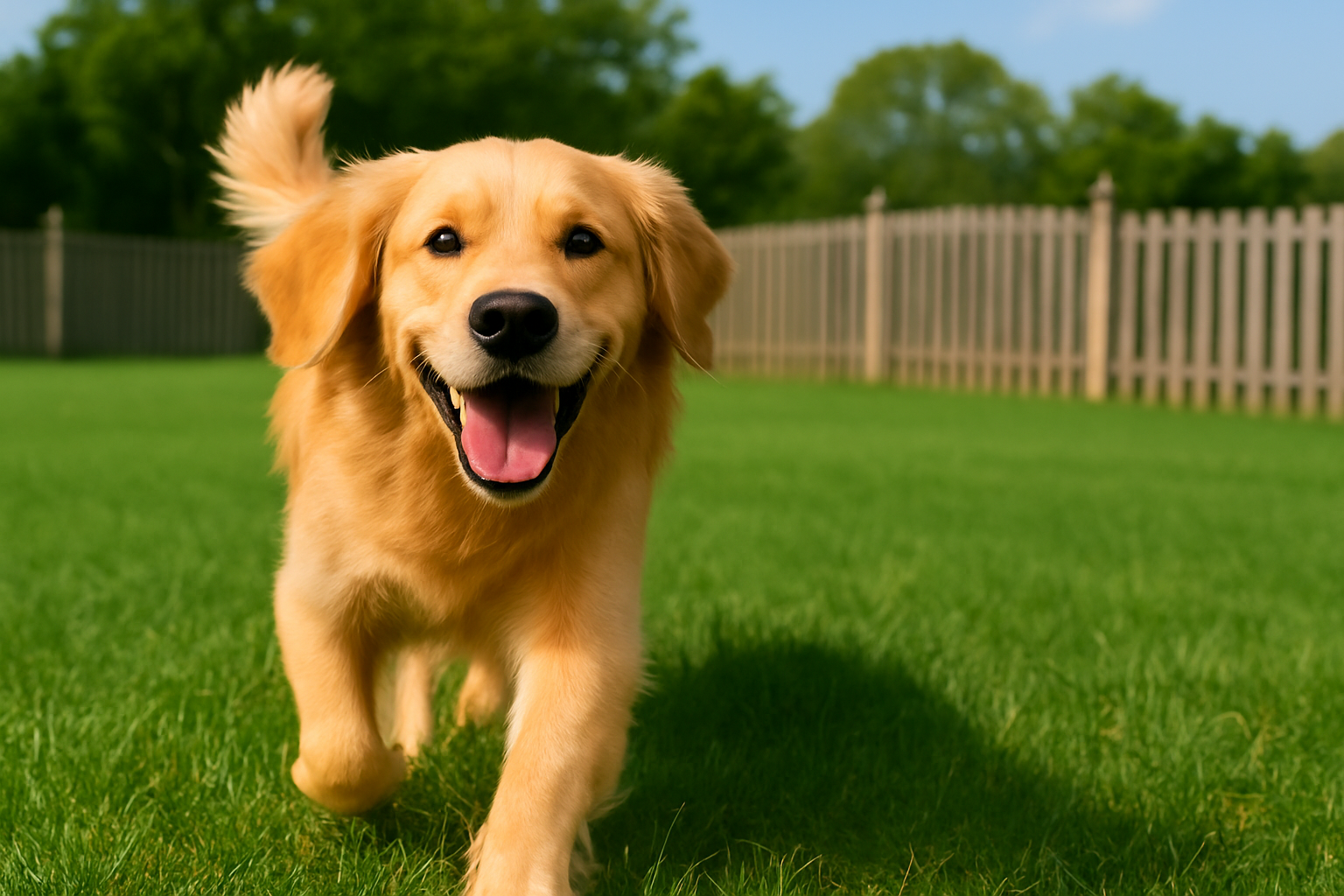 Happy dog running in a clean fenced yard